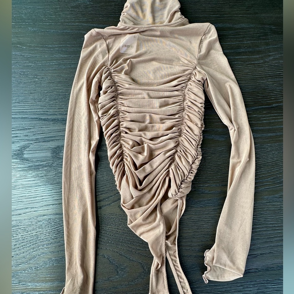 Free People Ruched Beige Long Sleeve Bodysuit